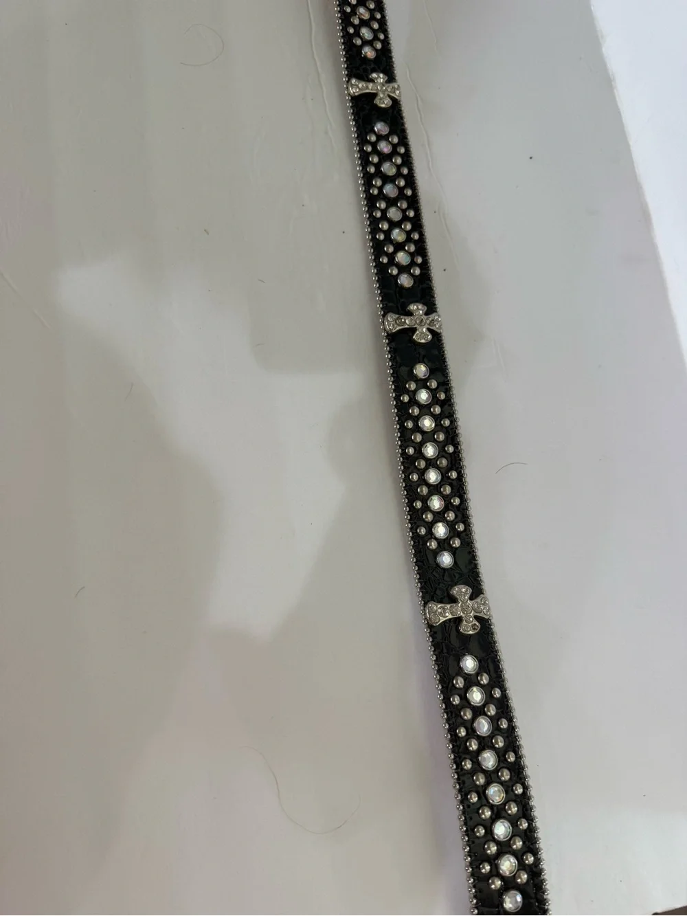 Black & Silver Leather Belt SZ M Sequin Studded Rhinestones Crosses Buckle